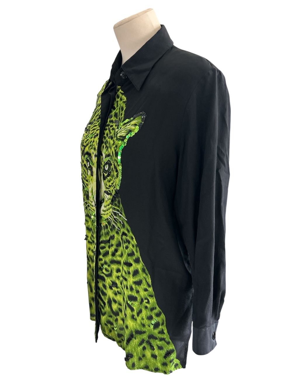 Vintage Diane Gilman neon green silk, a leopard sequin button down blouse M - Picture 3 of 13